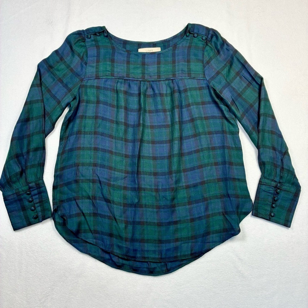 LOFT Women’s Blue Green Blackwatch Plaid Blouse Medium Buttons Lightweight